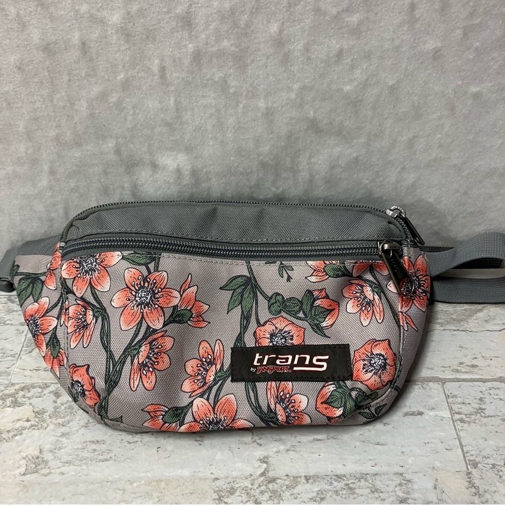 Jansport Trans Waist Bag Fanny Pack Gray Floral Flowers Adjustable Size
